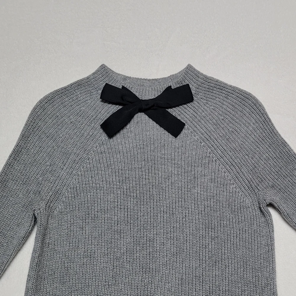J. Crew Gayle Gray Knit Black Bow-Tie Mockneck Drop-Shoulder Pull-over Sweater